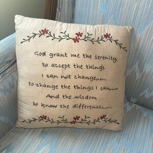 Vintage embroidered small brown cute & cozy throw pillow with Serenity Prayer.
